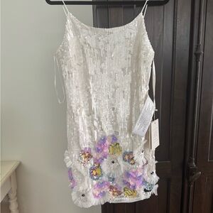 Mac Duggal White Sequin Mini Dress with Floral Accents